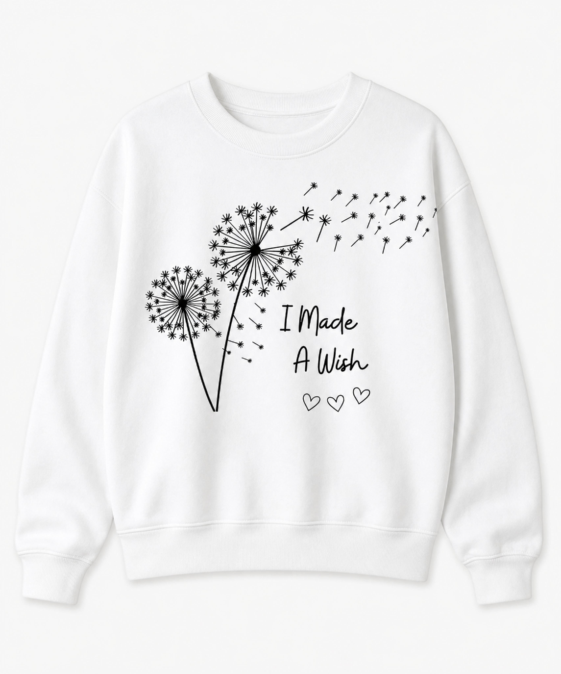 White sweatshirt with dandelions and the words I Made A Wish