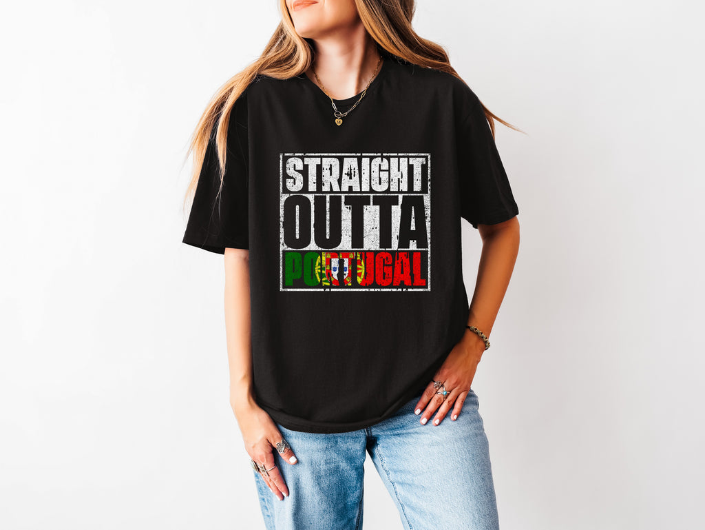 Woman wearing a black t-shirt that reads Straight Outta Portugal in red and green